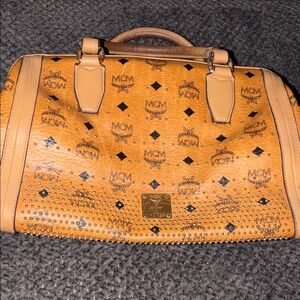MCM Cognac Visetos Logo Dome Satchel with Gold Plaque